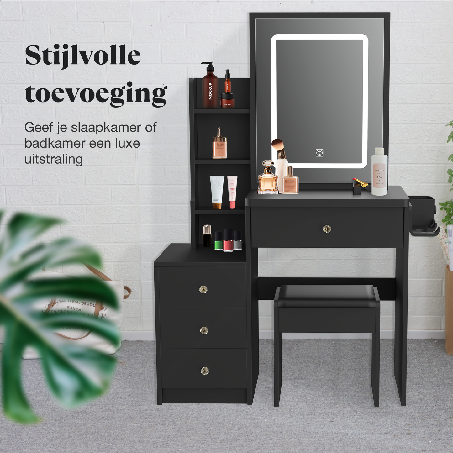 Tutabelle Kaptafel - Met Spiegel en Verlichting - Inclusief Stoel - Zwart