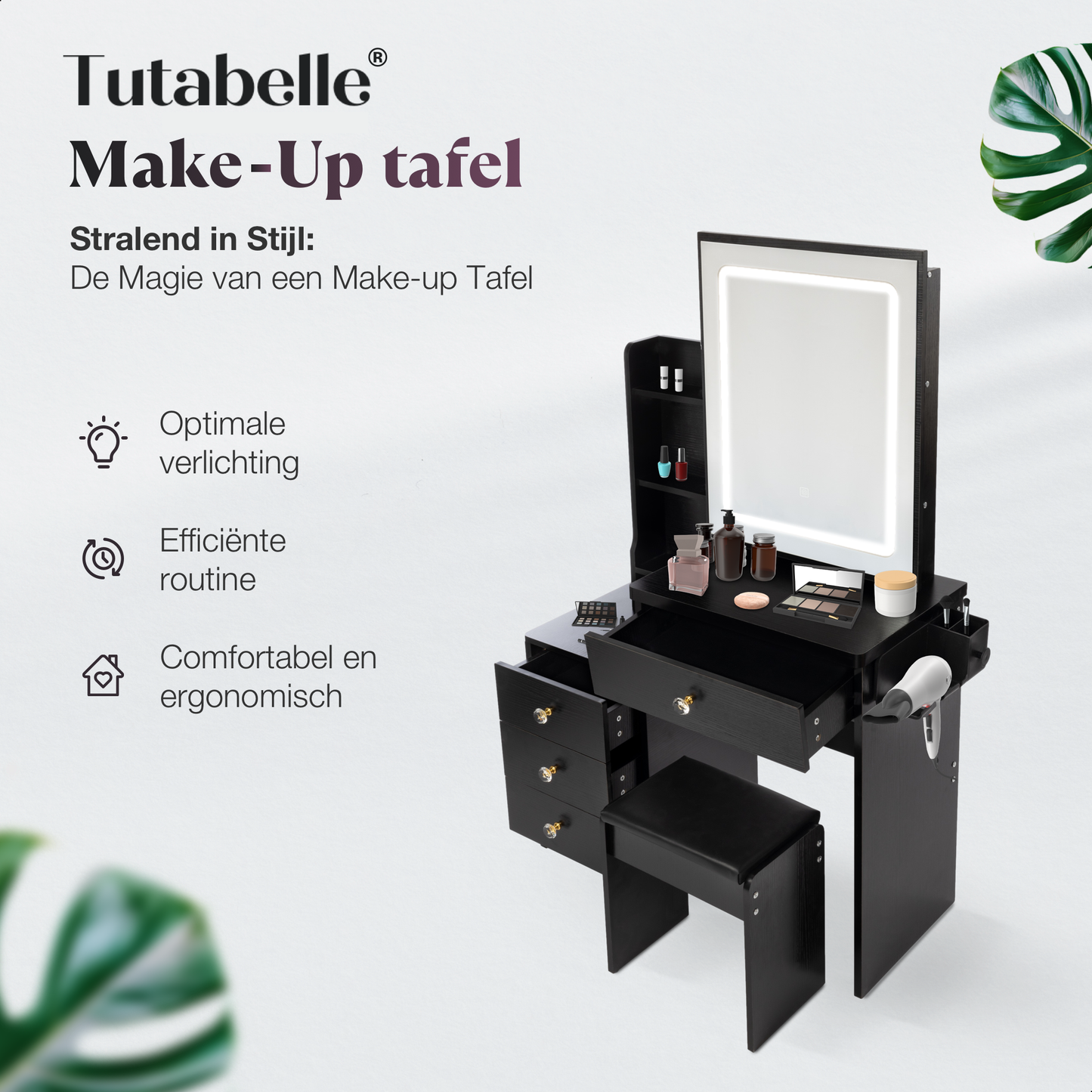 Tutabelle Kaptafel - Met Spiegel en Verlichting - Inclusief Stoel - Zwart