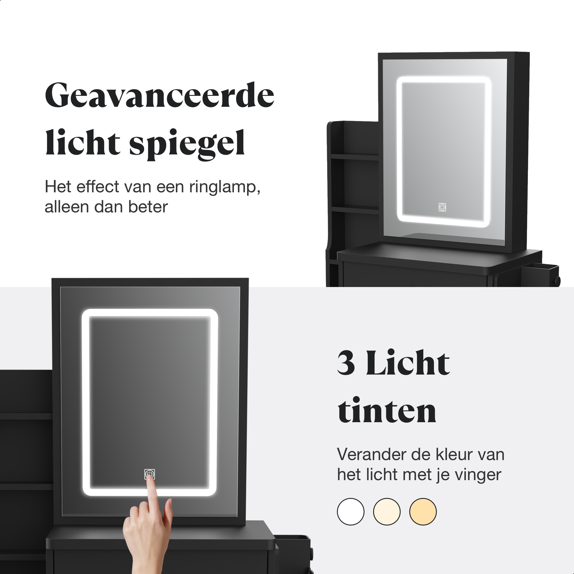 Buildonely Make-uptafel met grote spiegel en verlichting, 3 kleurtemperaturen en instelbare helderheid, kaptafel met 5 laden, modern, zwart, 36 x 80 x 130 cm, wit handvat Buildonely Make-uptafel met grote spiegel en verlichting, 3 kleurtemperaturen en instelbare helderheid, kaptafel met 5 laden, modern, zwart, 36 x 80 x 130 cm, wit handvat