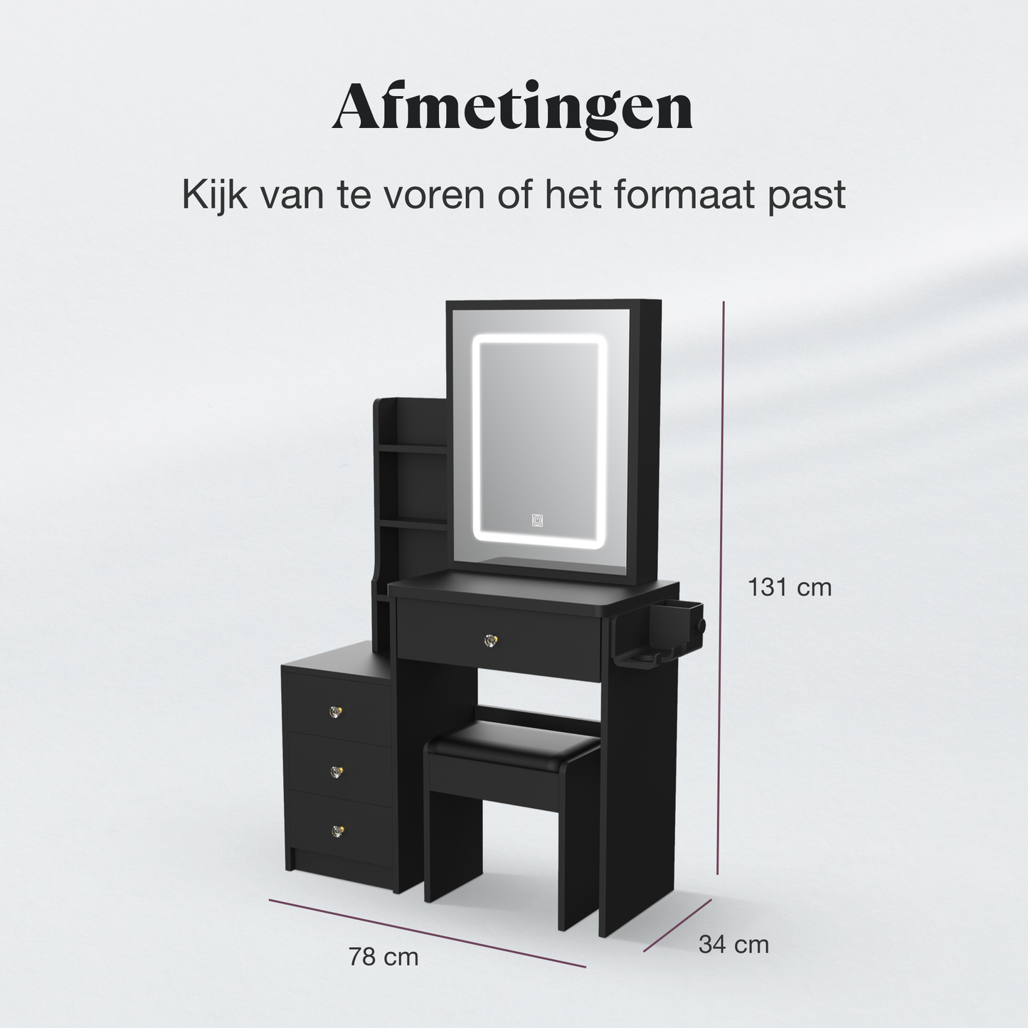 Tutabelle Kaptafel - Met Spiegel en Verlichting - Inclusief Stoel - Zwart